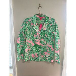 NWT Lilly Pulitzer Pajama Top PJ Button Down Top Mandevilla Baby Pink Sand Parad
